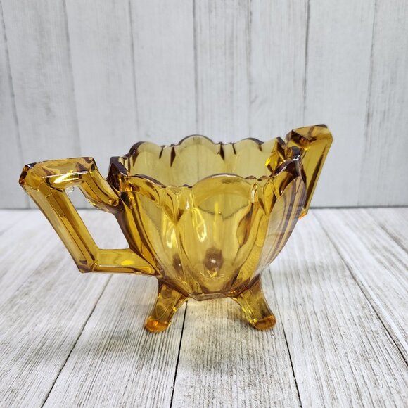 Vintage MCM Amber Pressed Glass Footed Crown Top Dish Bowl with Two Handle - Picture 4 of 9